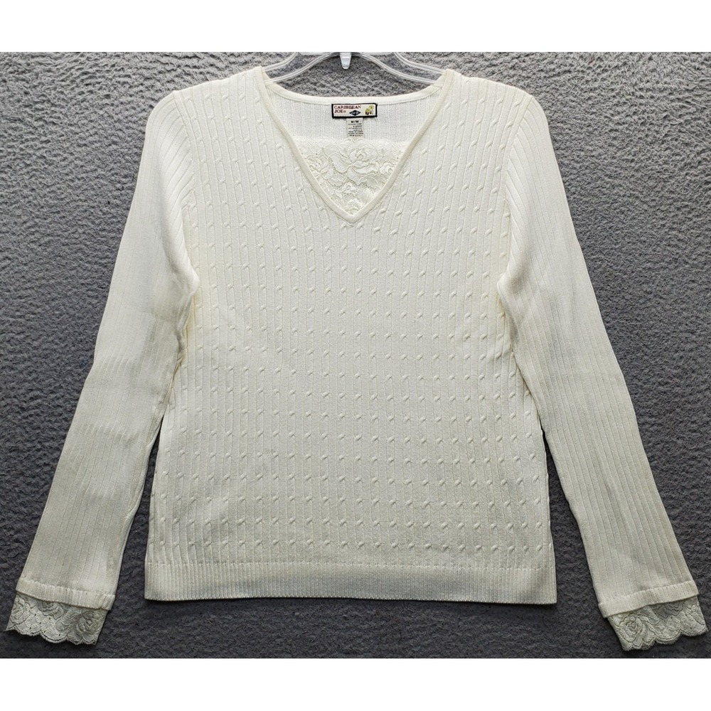 Caribbean Joe Sweater Womens Medium Tan Lace Trim Cable Knit Long Sleeve V-Neck